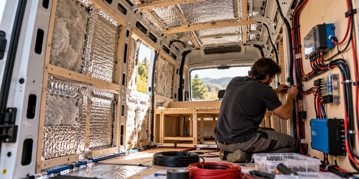 Aislamiento térmico, madera y cableado eléctrico durante la camperización de una furgoneta