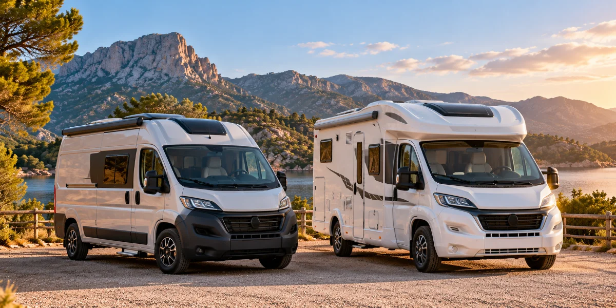 Una furgoneta camper y una autocaravana perfilada, una al lado de la otra, para comparar tamaño y formato