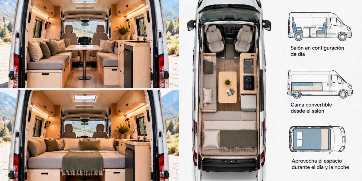Esquema de una furgoneta camper con salón de día y cama convertible desde el sofá por la noche