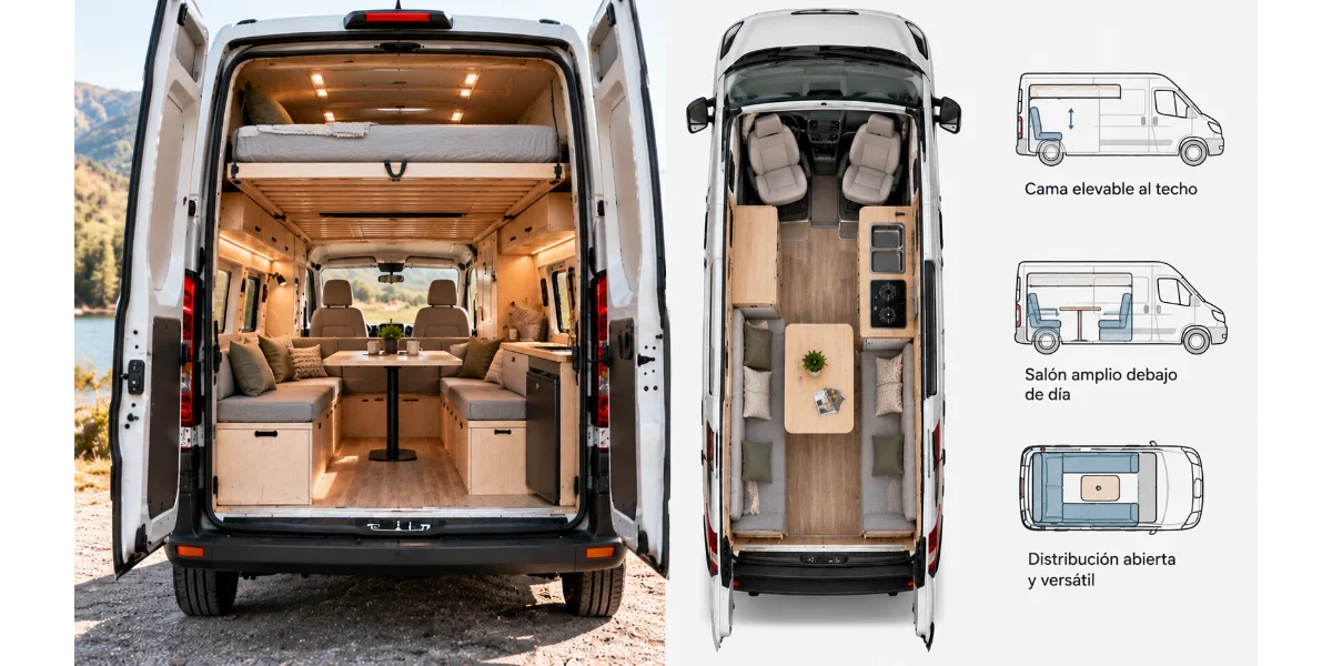Esquema de una furgoneta camper con cama elevable al techo y salón amplio debajo de día