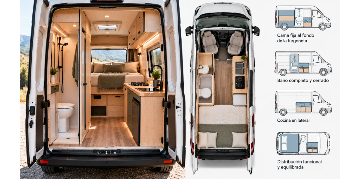 Esquema de una furgoneta camper con cama fija al fondo, baño completo cerrado y cocina en lateral