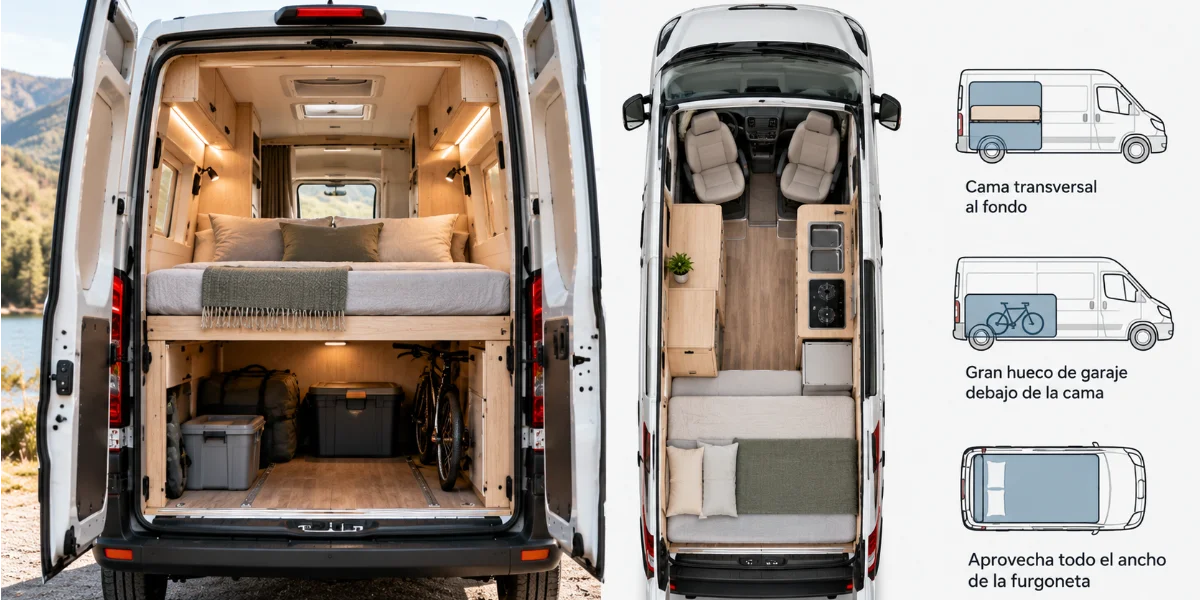 Esquema de una furgoneta camper con la cama transversal al fondo y un gran hueco de garaje debajo